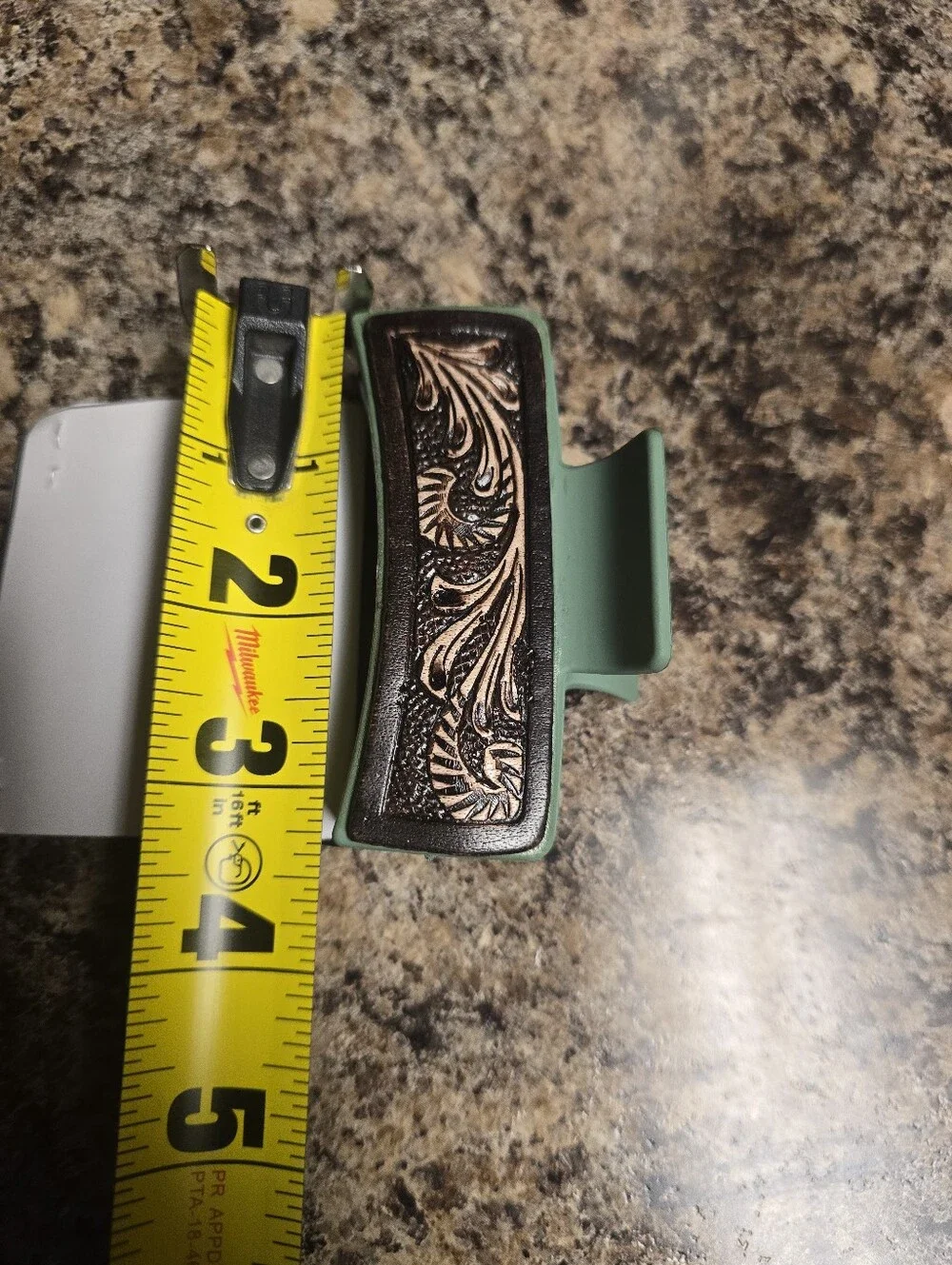 Leather Tooled Hair Claw Clip - Green with Brown Tooled Accent